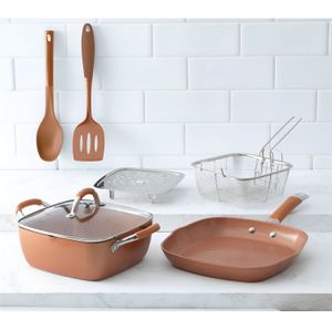 Set de olla y sarten Copper cobre 7 piezas  + Set de 18 Platos BEHOME Ecovidrio  Azulea