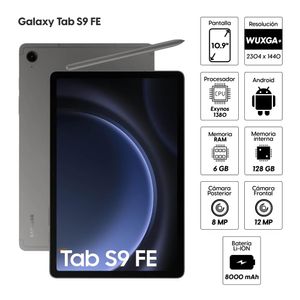 Tablet Samsung Galaxy Tab S9 FE 10.9" 5G, 128GB, 6GB ram, 2304x1440 (WUXGA+), cámara principal 8MP, frontal 12MP, gris