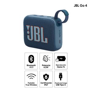 Parlante bluetooth JBL Go 4 potencia 4.2W, resistente al agua IP67, hasta 7 horas de reproducción, puerto de carga USB Tipo-C, azul