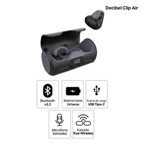 Audífonos bluetooth True Wireless Decibel Clip Air duración máx. 34 horas, controles mediante botón, tipo C, negro