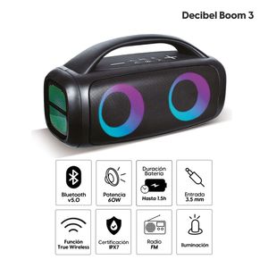 Parlante bluetooth Decibel Boom 3 portátil 60W, luces LED, Radio FM, conexión USB/Aux, Función True Wireless, negro