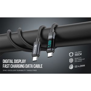 Cable Tipo-C A Tipo-C, 2m, 100W, Trenzado, Pantalla Led, Negro