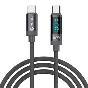 Cable Tipo-C A Tipo-C, 2m, 100W, Trenzado, Pantalla Led, Negro