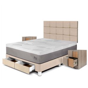 Dormitorio Balanzze con Cajones Queen Cabecera Block + 2 Veladores Han Champagne