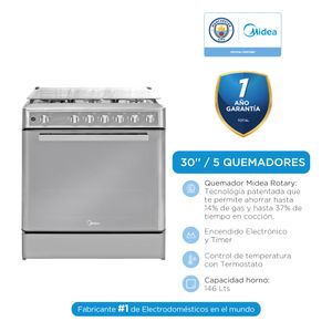 Cocina a Gas MIDEA 5 Quemadores MGS30F2LCCWSS-PE Acero Inoxidable