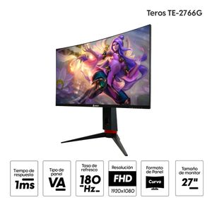 Monitor gamer curvo 27" Teros TE-2766G Panel VA, FHD (1920x1080), 180Hz, 1ms, entradas HDMI/DISPLAYPORT