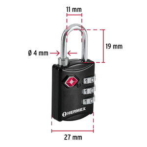 Candado maletero de combinación 27 mm seguridad tsa blíster Hermex