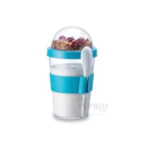 Vaso para Yogurt y Cereal con Cuchara en Tono Celeste