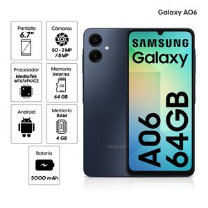 Celular Samsung Galaxy A06 64GB, 4GB ram, cámara principal 16MP + 16MP, frontal 8MP, 5.6", negro