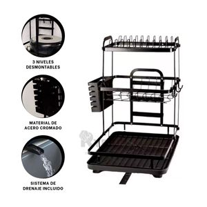 Escurridor de Platos de 3 Niveles con Drenaje en Color Negro