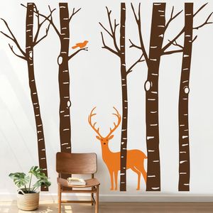 Vinilo Decorativo Stickart Árboles, Ave Y Ciervo Pequeño Sticker Árboles
