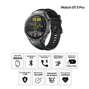 Smartwatch Huawei GT 5 Pro 46mm, GPS, pantalla AMOLED, resistente al agua 5ATM, batería hasta 7 días, negro