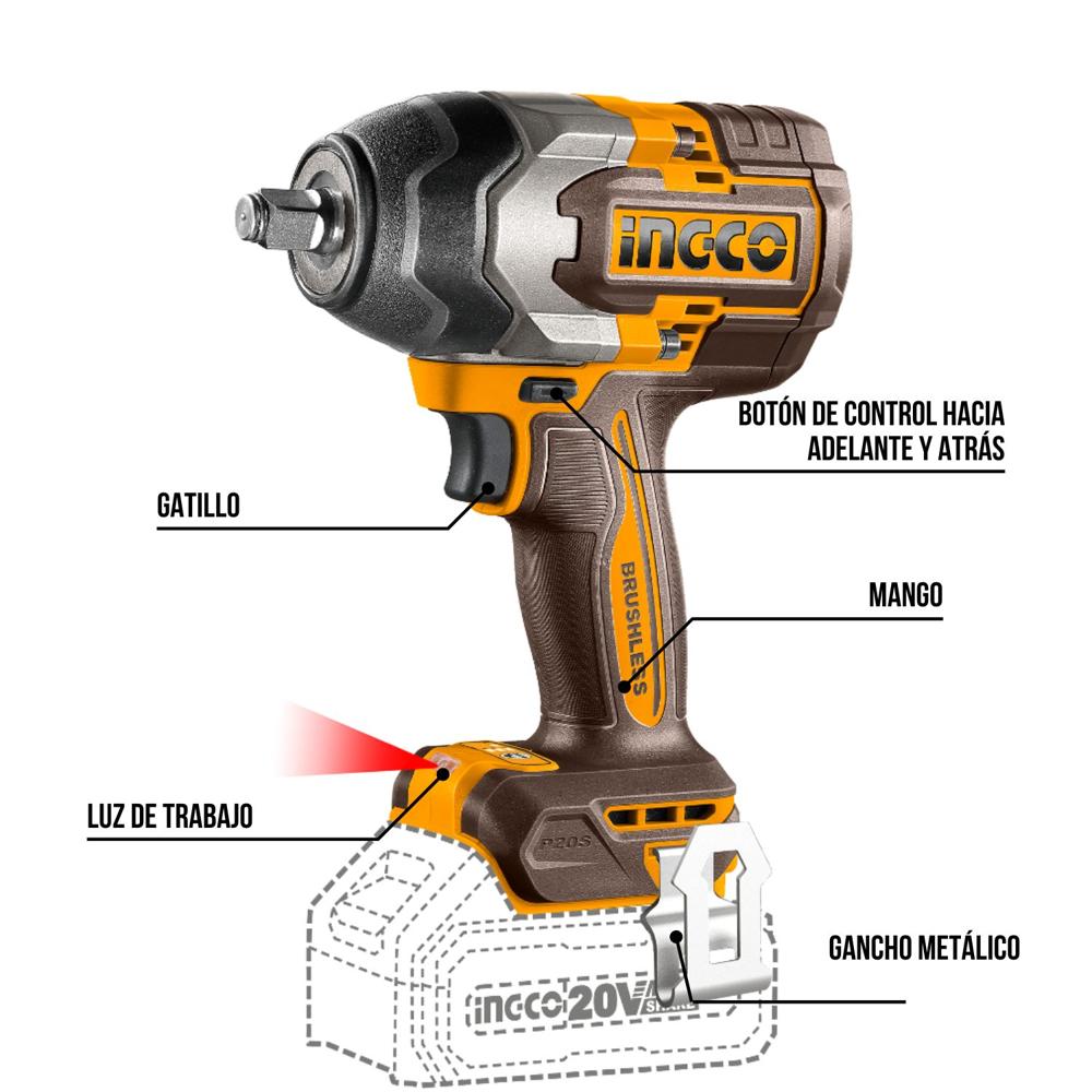 Llave de Impacto 850nm Baterías 4ah y Cargador Ingco CIWLI2085