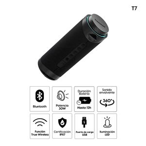 Parlante Bluetooth T7 30W, hasta 12 horas de reproducción, luces LED, True Wireless (TWS), sonido 360, negro