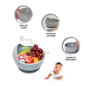 Plato Cuenco de Silicona y Cuchara para Bebe en Plomo