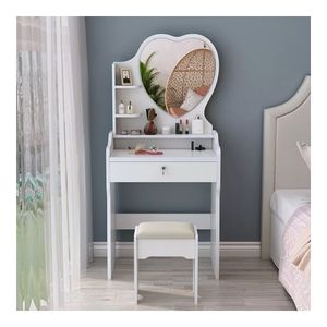 Tocador de Maquillaje Con Espejo Con Taburete Para Dormitorio Blanco