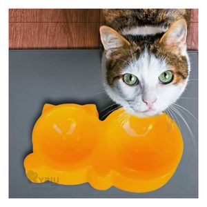 Plato Doble Pet Mediano en Forma de Gato en Amarillo