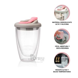 Vaso de Vidrio Doble para Bebidas Tapa Rosado 450ml