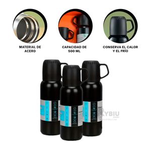 Termo Duradero al Calor Incluye 3 Tazas en Color Negro 500ml