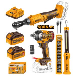 Kit Llave De Impacto Ingco 20V 500nm + Llave Ratchet + Set Dados De Impacto + Linterna COSLI240461