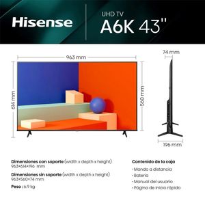 Televisor de 43" Vidaa Smart Tv 4K UHD Hisense 43A6K (2023)