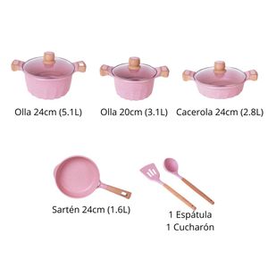 Juego De Olla Roca Volcánica Valeska Super 7 + 2 Utensilios Rosa
