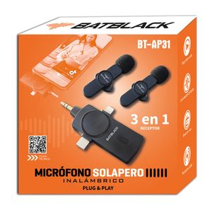 Micrófono Inalámbrico Lavalier BatBlack, 2 Micrófonos, Estuche Recargable, Conectores Tipo C/Lightning/3.5mm, negro
