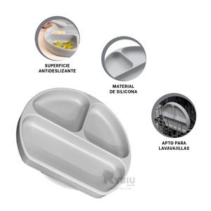 Plato de Silicona de 3 Divisiones para Bebe en Color Plomo