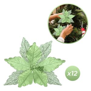 Pack de 12 Flores Navideñas Escarchadas Verde