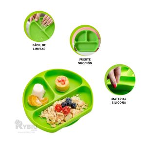Plato con Seguridad Antiderrames Infantil Verde Y+Stickers