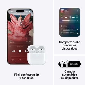 Audífonos bluetooth True Wireless Apple Airpods (4ta Gen) cancelación activa de ruido, resistente al agua IP54, duración máx. 5 horas, blanco
