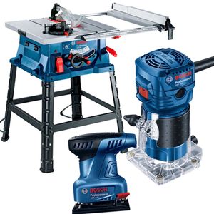 Sierra de Mesa 10" 1800W + Fresadora 1/4" 550W + Lijadora Orbital 220W Bosch