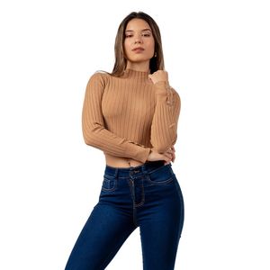 Chompa Crop de Cashemira Cuello Alto Color Camel