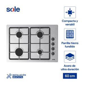 Cocina Encimera Empotrable a Gas Sole SOLCO048V2 Compacta 4 Hornillas Acero Gris