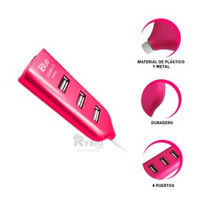 Hub Transportable 4 Puertos Usb 2.0 de Tono Fucsia