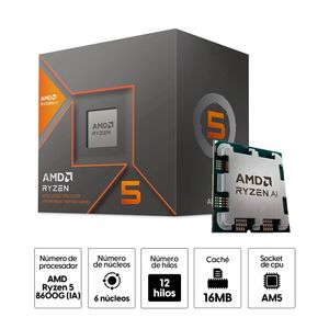 Procesador AMD Ryzen 5 8600G (IA), 5Ghz, 6 cores, AM5,  65W