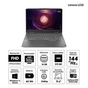 Laptop gamer Lenovo LOQ 15.6" FHD, AMD Ryzen 7 7840HS, 512GB ssd, 16GB ram, RTX 4050 6GB, Win 11 Home, teclado español, gris