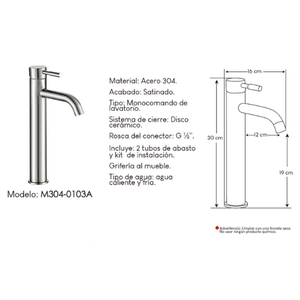 Monocomando de lavabo para baño M304-0103A Acero Inoxidable Satinado