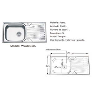 Lavadero de Cocina con Escurridero XM 100X50 cm Acero Inoxidable