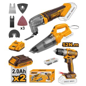 Kit Taladro Atornillador Brushless Ingco 20V 52NM + Herramienta Multifunción + Aspirador COSLI240685