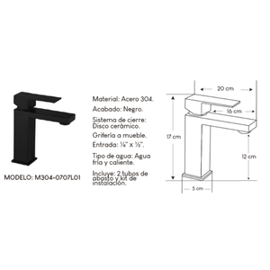 Mezcladora elegante para baños M304-0707L01 Acero Inoxidable Negro Mate
