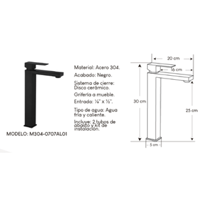 Mezcladora para baño M304-0707AL01 Acero Inoxidable 304 Negro