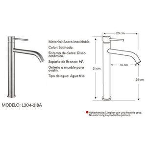 Llave para baño agua L304-218A Acero Inoxidable Plateado Satinado