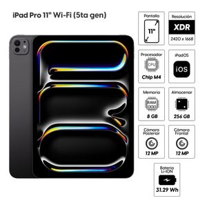 iPad Pro 11" (5ta gen) Wi-Fi 256GB, 8GB ram, cámara principal 12MP, frontal 12MP, Chip M4, negro