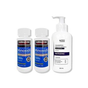 2 Minoxidil Liquido Kirkland + Shampoo Ketozinc Cabello Graso 350Ml