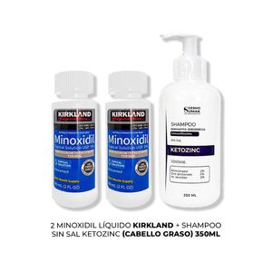 2 Minoxidil Liquido Kirkland + Shampoo Ketozinc Cabello Graso 350Ml