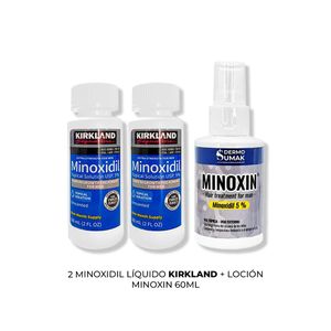 2 Minoxidil Liquido Kirkland + Locion Minoxin 60Ml
