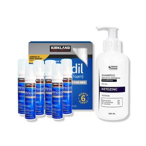 6 Minoxidil Espuma Kirkland + Shampoo Sin Sal Ketozinc Cabello Graso 350ml