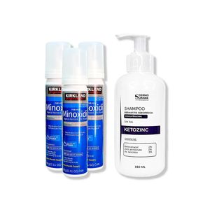 3 Minoxidil Espuma Kirkland + Shampoo Sin Sal Ketozinc Cabello Graso 350ml