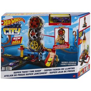 Hot Wheels Pista Super Twist Tire Shop con auto 1:64 juego para varios autos